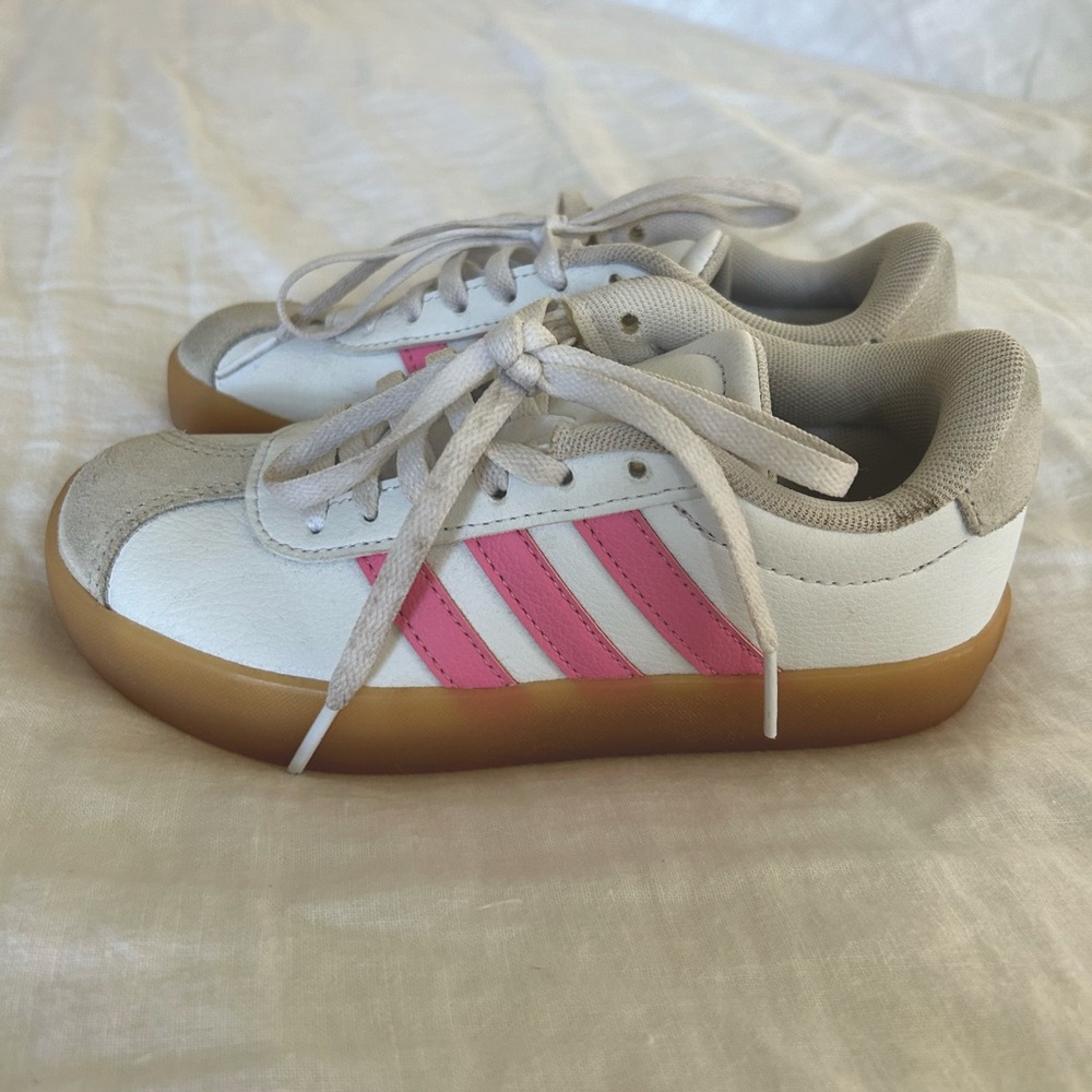 Adidas Kids White and Pink Sneakers with Gum Sole